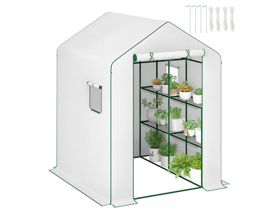 Estufa Jardim de com 1 Porta 2 Janelas Prateleiras 3 Níveis para Hortaliças Plantas Flores Lona de Pe 140 X 143 X 190 Cm Branco