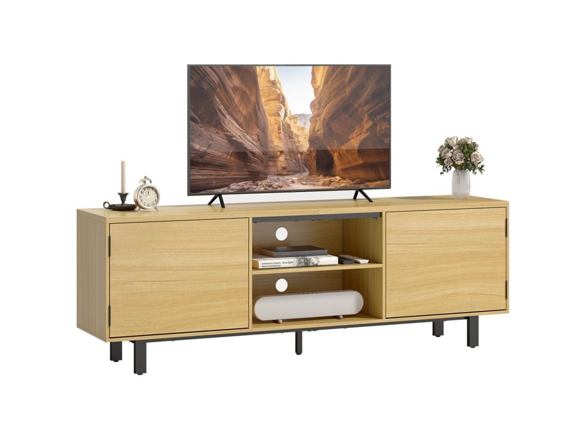 Rack de madeira natural para TVs até 65 polegadas, com 2 portas de pressão e 2 prateleiras (160x35x55,5 cm)