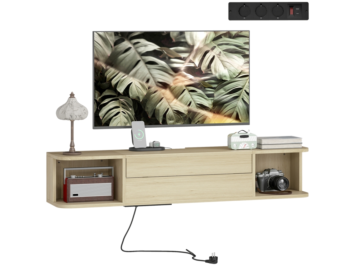 Suporte Tv Suspenso 50" C/ Gavetas + Prateleiras + Ilhós Cabo, 120x24x22,4cm, Efeito Madeira Natural