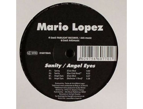 Sanity / Angel Eyes, Mario Lopez | Condição da mídia muito bom | 1 X Vinil 12 Fairlight Records, A45 Music (vg)