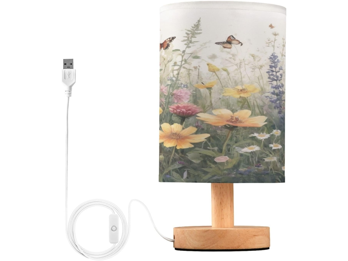 Abajur de Cabeceira Borboleta com Flores Silvestres para Quarto, Suportes de Carga USB-C, Luminária de Mesa