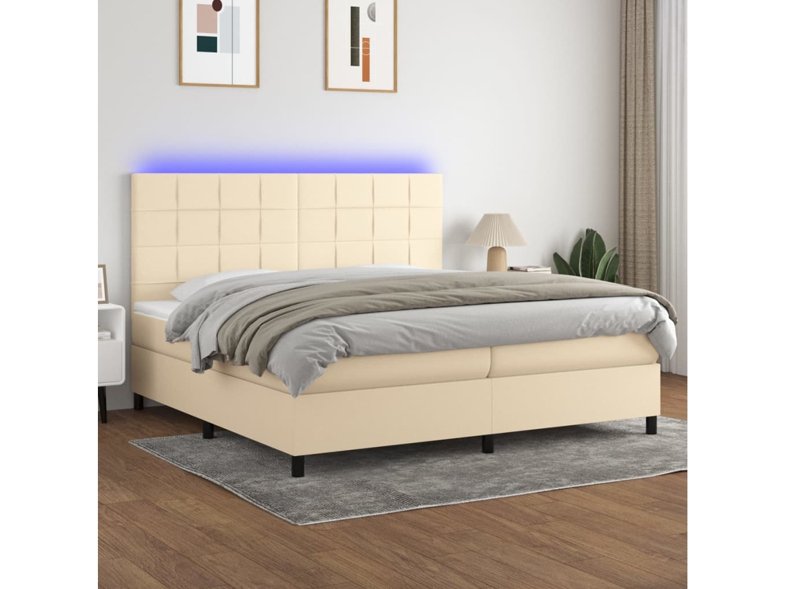 Cama Box Spring C/ Colchão E Led 200x200 Cm Tecido Cor Creme
