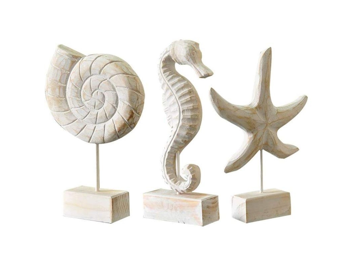 3 Peças De Escultura Em Madeira Estilo Marino Estrela Do Mar Caracol Caballito De Mar Figuras Decoração De Casa