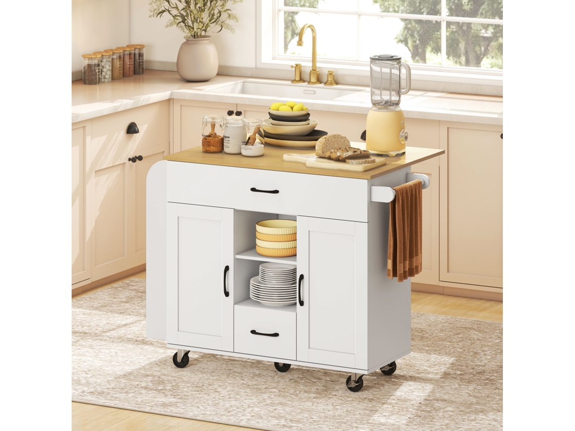 Rolling Kitchen Island, Fold-out Work Surface, Soft Close Cabinet Doors, Drawers, Towel Rack, Mdf, White