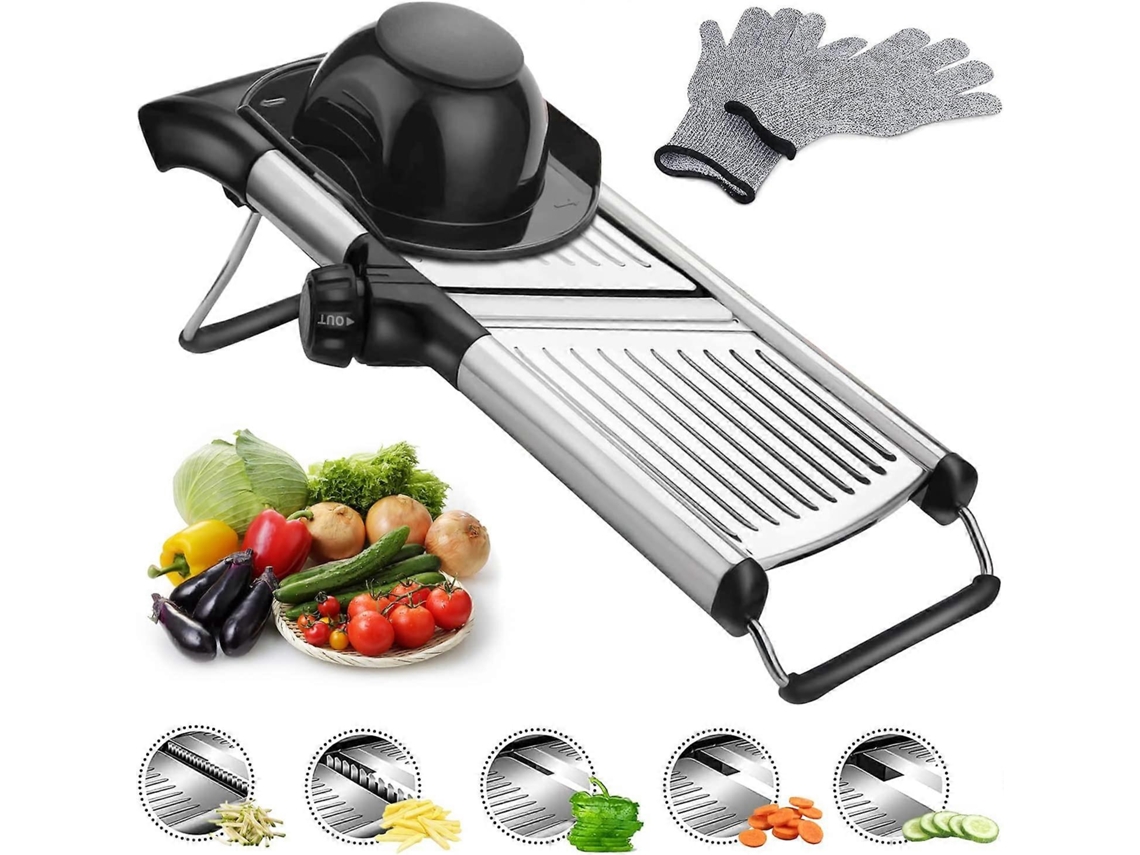 Cortador de Verduras com Lâmina de Aço Inoxidável e Luvas de Segurança, Mandolina Ajustável para Batatas, Cebolas, Tomates e Frutas