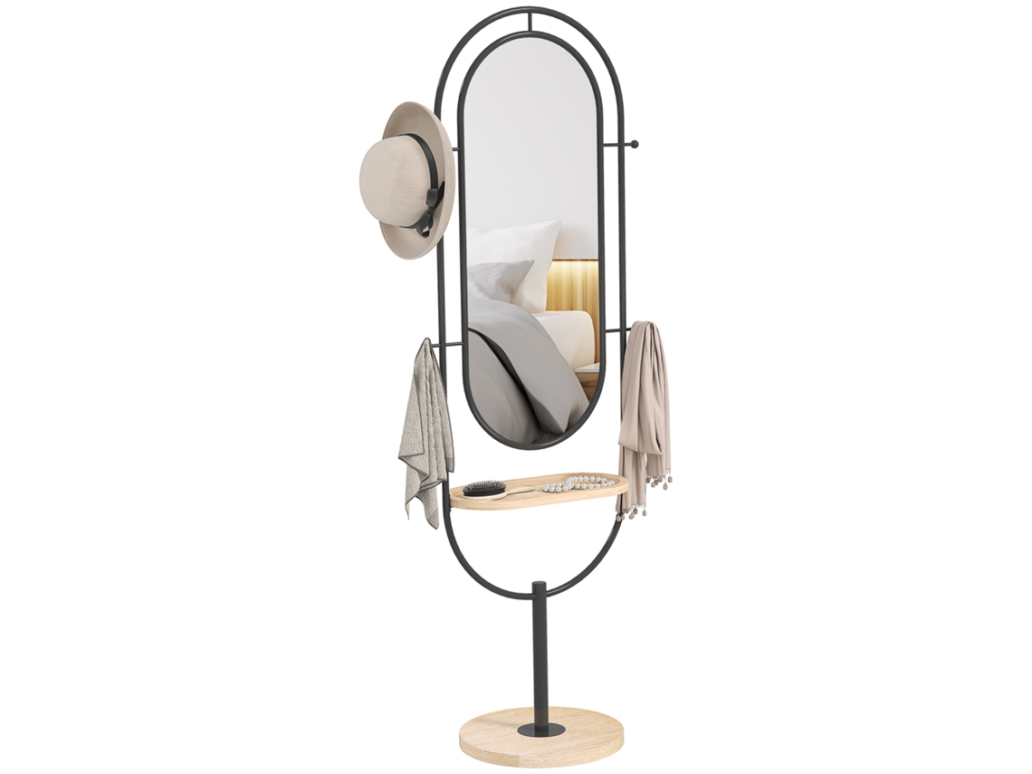 Espelho de Chão Oval com Tampo de Madeira, 4 Ganchos e Moldura de Metal, 50 X 40 X 175,5 Cm, Preto ESSÊNCIACASA