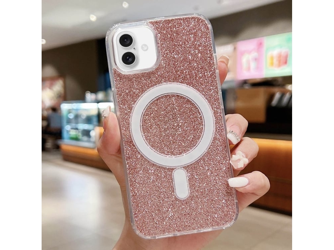 Capa Transparente Com Glitter Para Iphone 16 Plus - Acrílico - Magsafe - Rosa