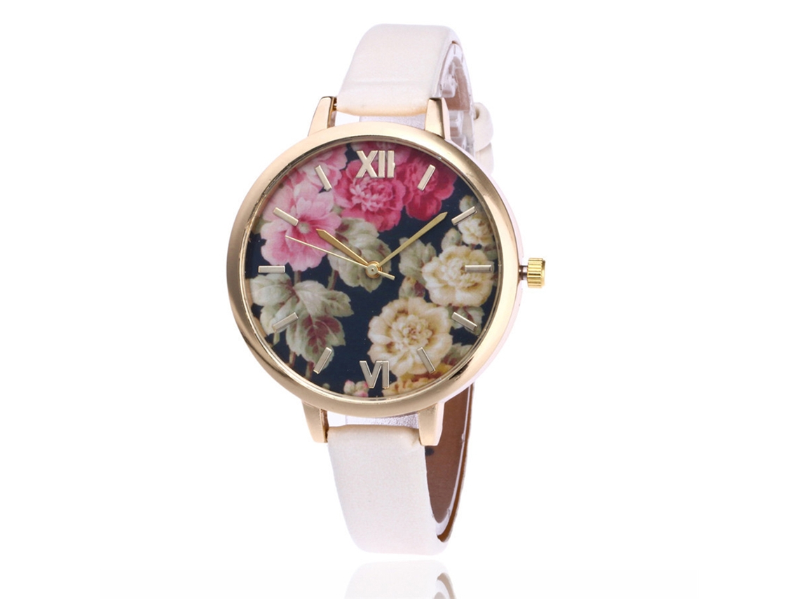 Relógio de Pulso Feminino Vansvar Quartzo Mostrador Redondo Couro Pu Branco Leite
