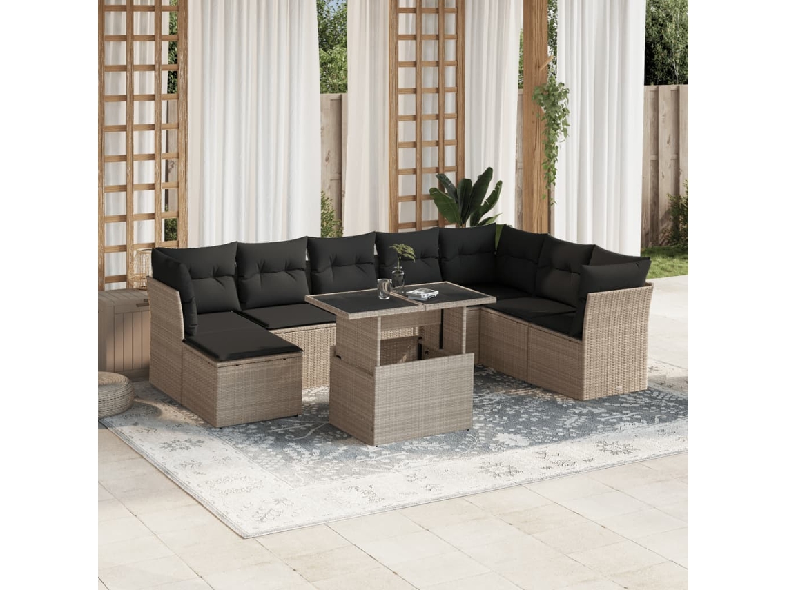 Vidaxl 9 Pcs Conj. Sofás Jardim Com Almofadões Vime Pe Cinzento-claro