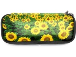 Amplo espaço de armazenamento com estampa floral de girassóis, organizador de canetas, essencial para mochilas e bolsas escolares.
