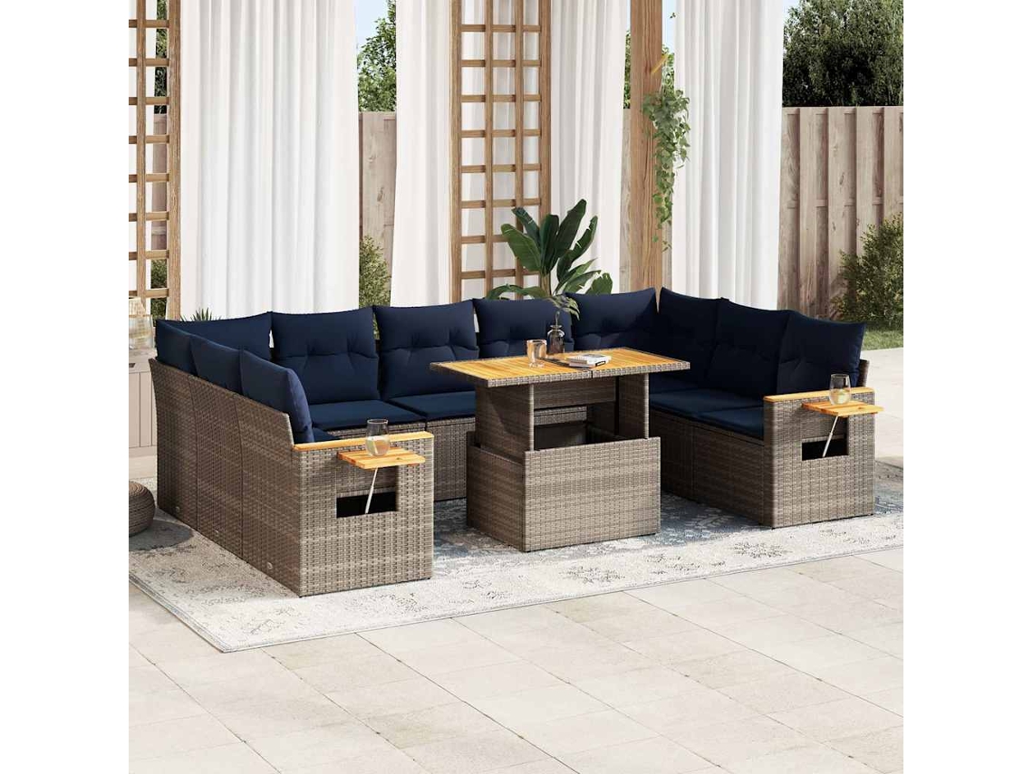 Vidaxl 10 Pcs Conjunto Sofás Jardim Almofadões Vime Pe/acácia Cinzento