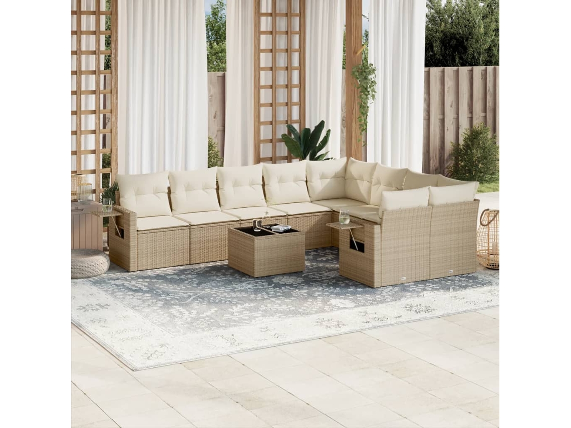 Vidaxl 10 Pcs Conjunto De Sofás P/ Jardim Com Almofadões Vime Pe Bege
