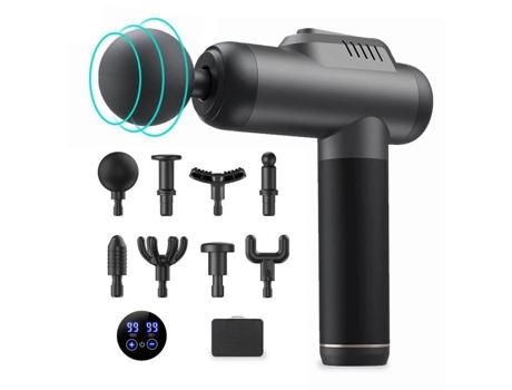 Pistola De Massagem Muscular Para Recuperação De Fadiga - 99 Níveis Ajustáveis - 8 Cabeças De Massagem - Ecrã Lcd Hd - Cinza