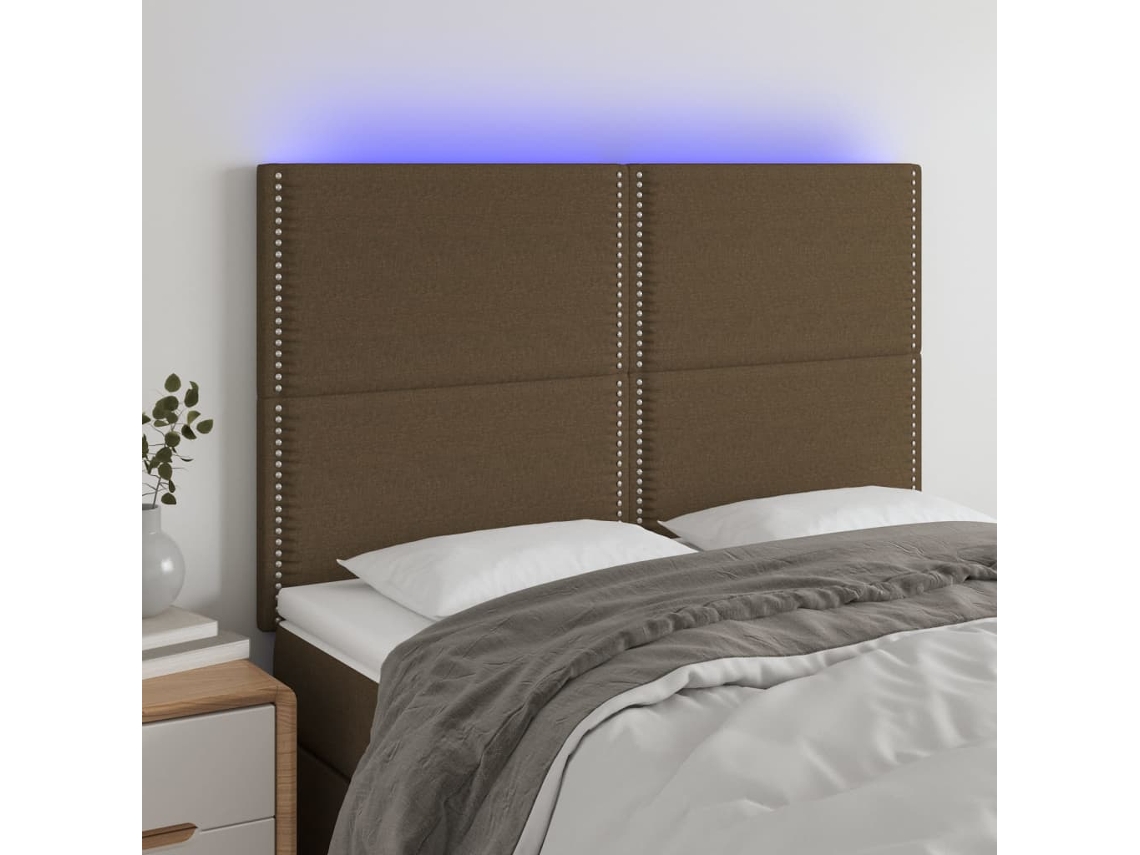 Cabecero con luces LED, tela marrón, 144x5x118/128cm