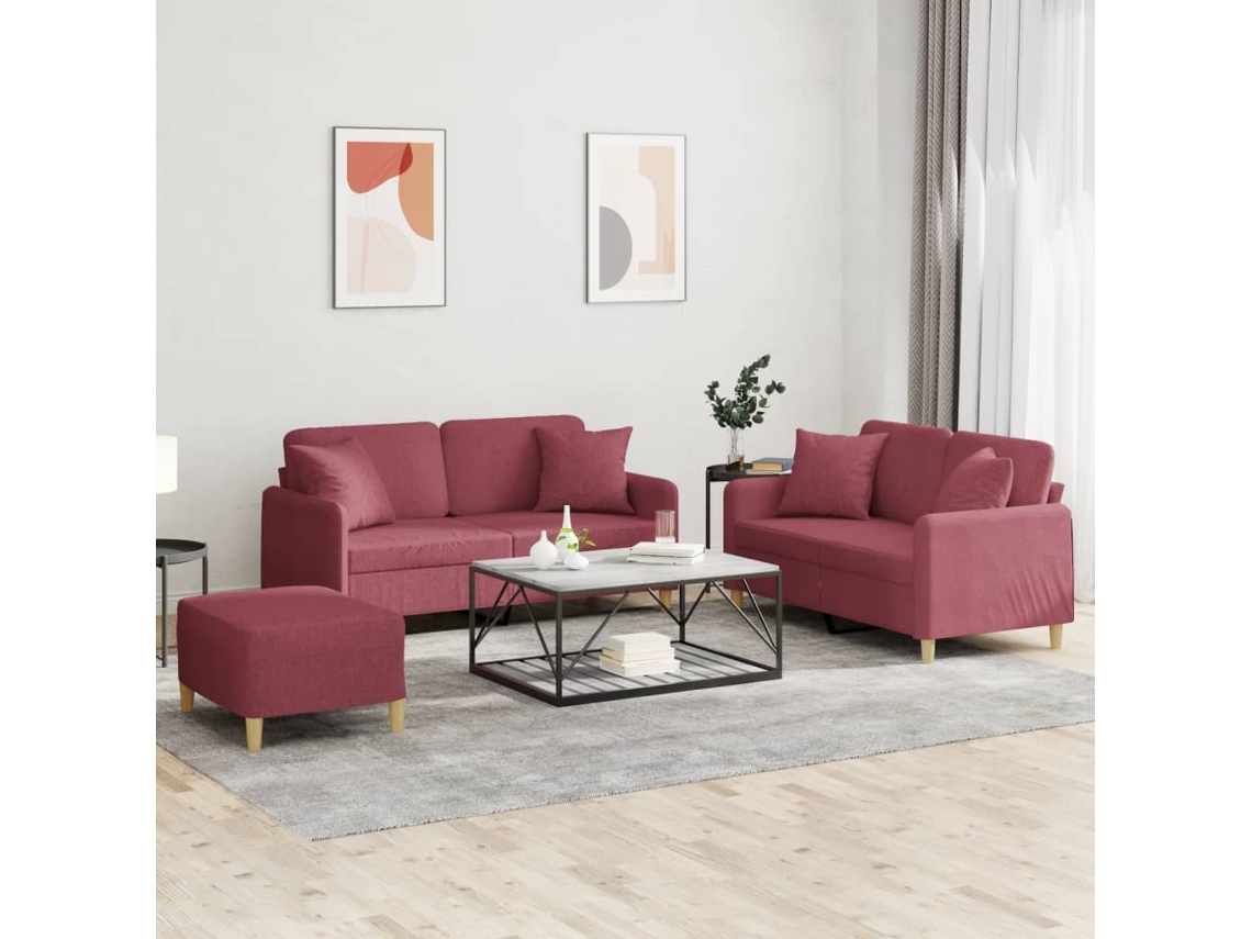 Vidaxl 3 Pcs Conjunto De Sofás Com Almofadas Tecido Vermelho-tinto