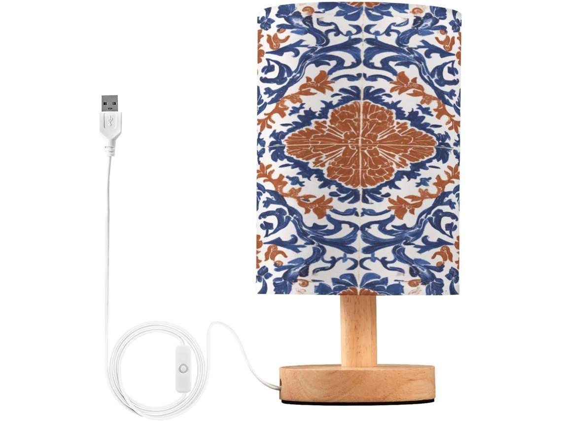 Abajur De Cabeceira Led Com Estampa Azul E Laranja, Ideal Para Quarto, Leitura Com Cúpula De Tecido, Base De Madeira E