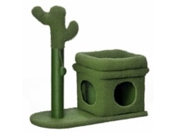 Arranhador para Gatos em Formato de Cacto com Cama em Forma de Caverna, Poste de Sisal e Bola Pendurada, 68x30x67 Cm, Verde. ESSÊNCIACASA