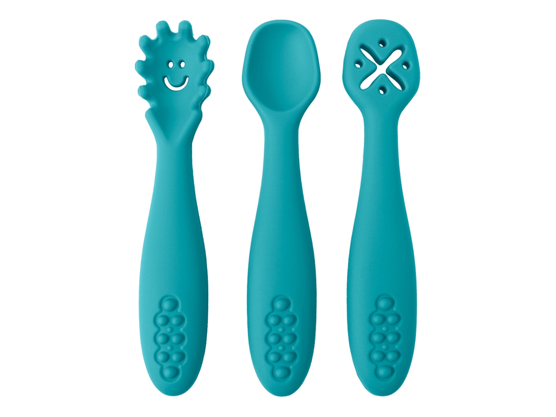 (azul) Conjunto De Talheres De Silicone Para Bebê Com 3 Peças, Incluindo Colher E Garfo Macios.