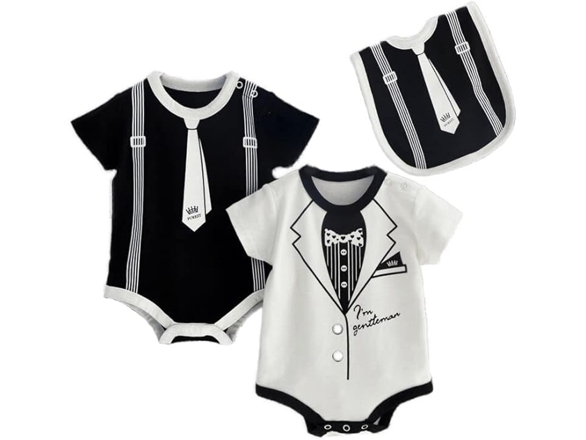 Pacote com 2 bodies pretos de manga curta para bebê. Um conjunto original de bodies Ubaby para recém-nascidos (9 a 12 meses) (preto e branco).