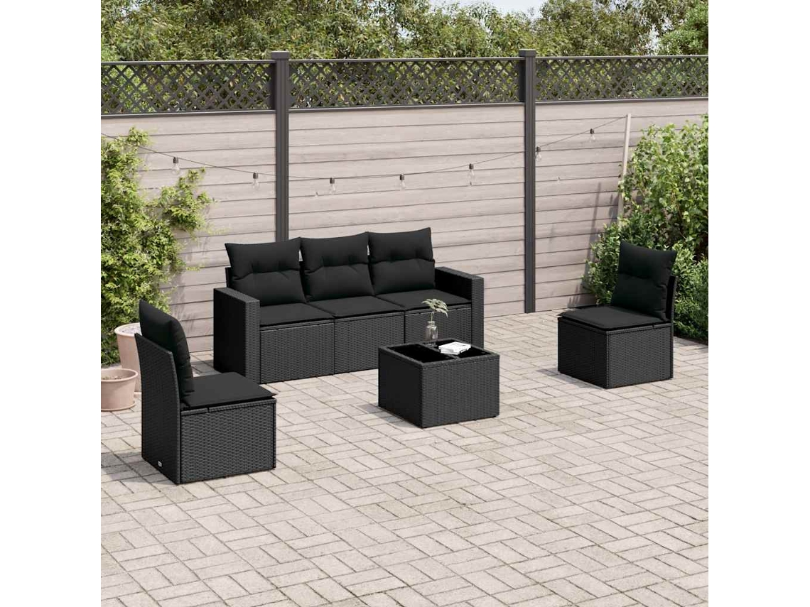 Vidaxl 6 Pcs Conjunto Sofás De Jardim C/ Almofadões Vime Pe Preto