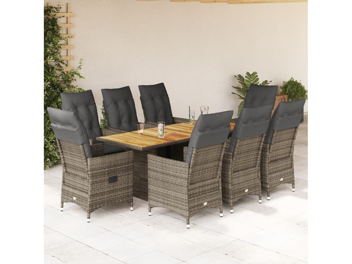 9 Pcs Conjunto De Jantar P/ Jardim C/ Almofadões Vime Pe Cinza Dkd Home Decor