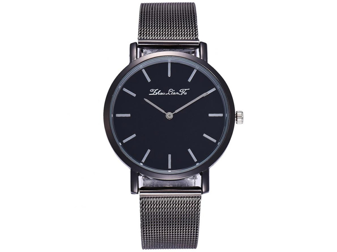 Relógio de pulso unissex moderno com pulseira de liga metálica ajustável, movimento de quartzo, estilo casual (preto)