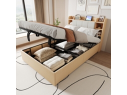 Cama Madera Natural 140x200 Cm Con Almacenamiento Hidráulico, Cabecero Con Almacenaje, Usb-c Y Sin Colchón