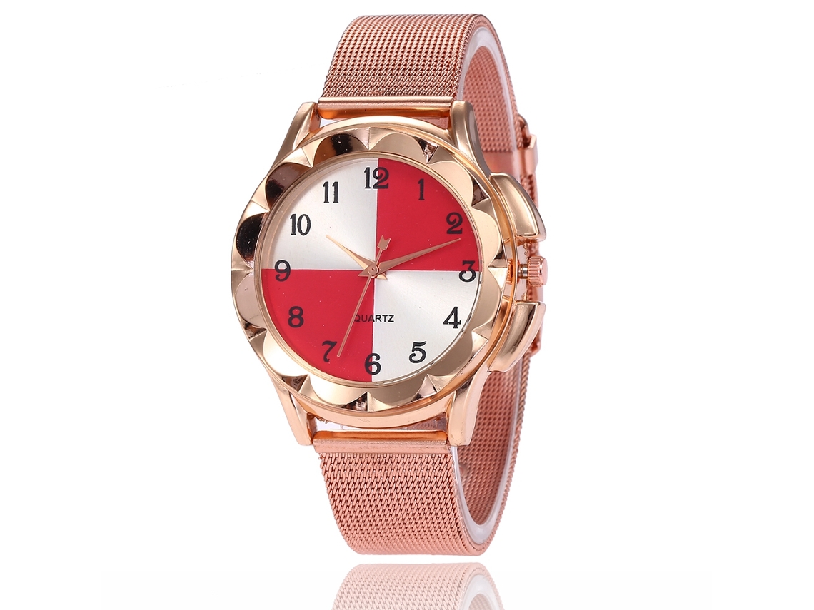 Relógio de Pulso Unissex de Quartzo com Cinto de Malha Padrão Bicolor Dial Numérico (vermelho)