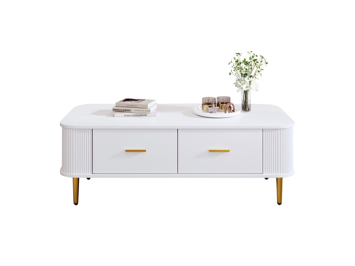 Mesa Centro Ondulada Gavetas Dourado Cantos Arredondados Sala Moderna