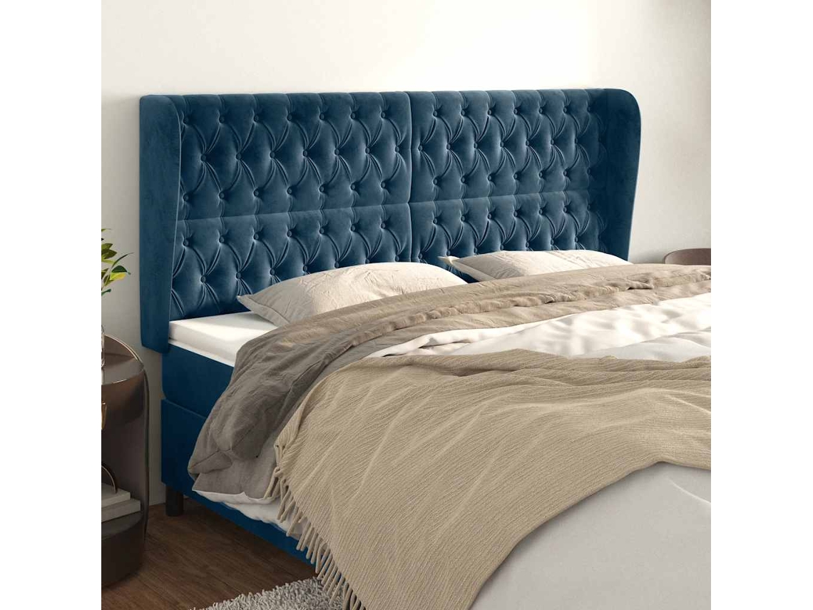 Cabeceira | Painel De Cama Cama C/ Abas Veludo 203x23x118/128 Cm Azul-escuro