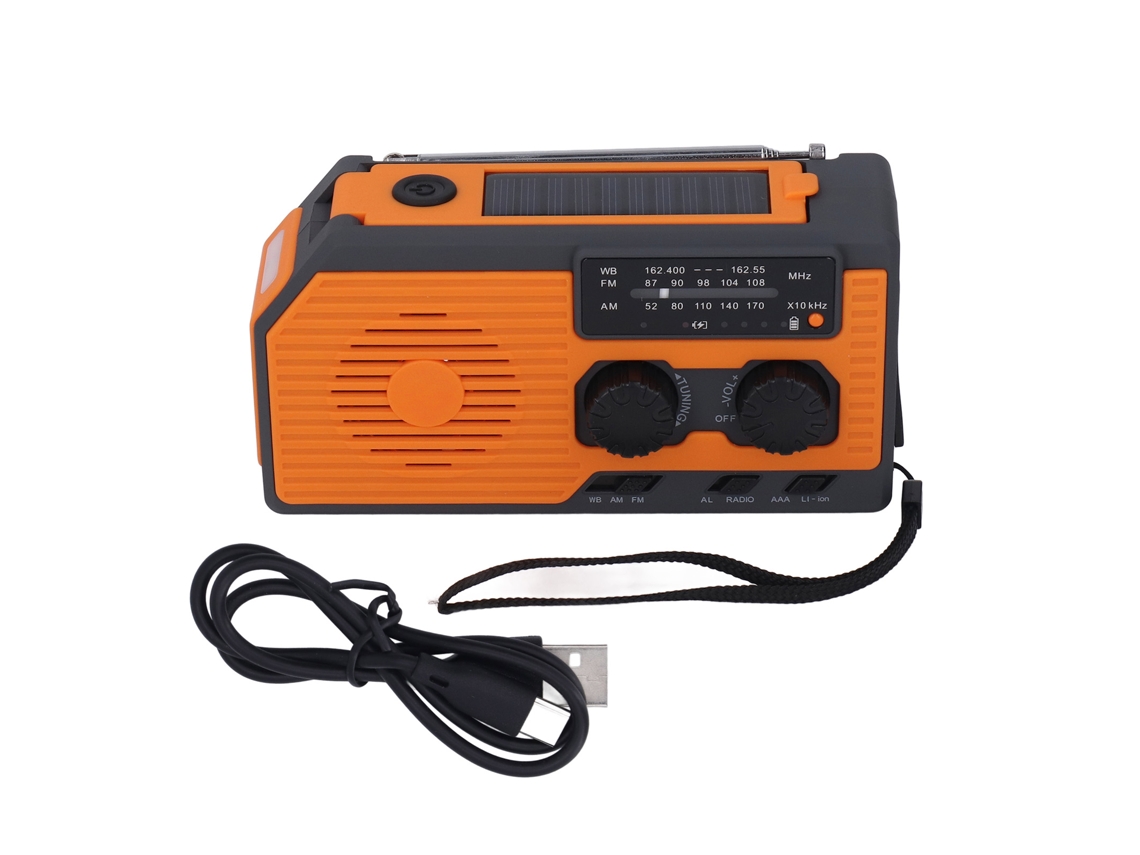 Rádio De Emergência Solar Com Carregador Com Manivela Lanterna Led Impermeável Ipx3 Bateria 5000mah Laranja Versão Eua