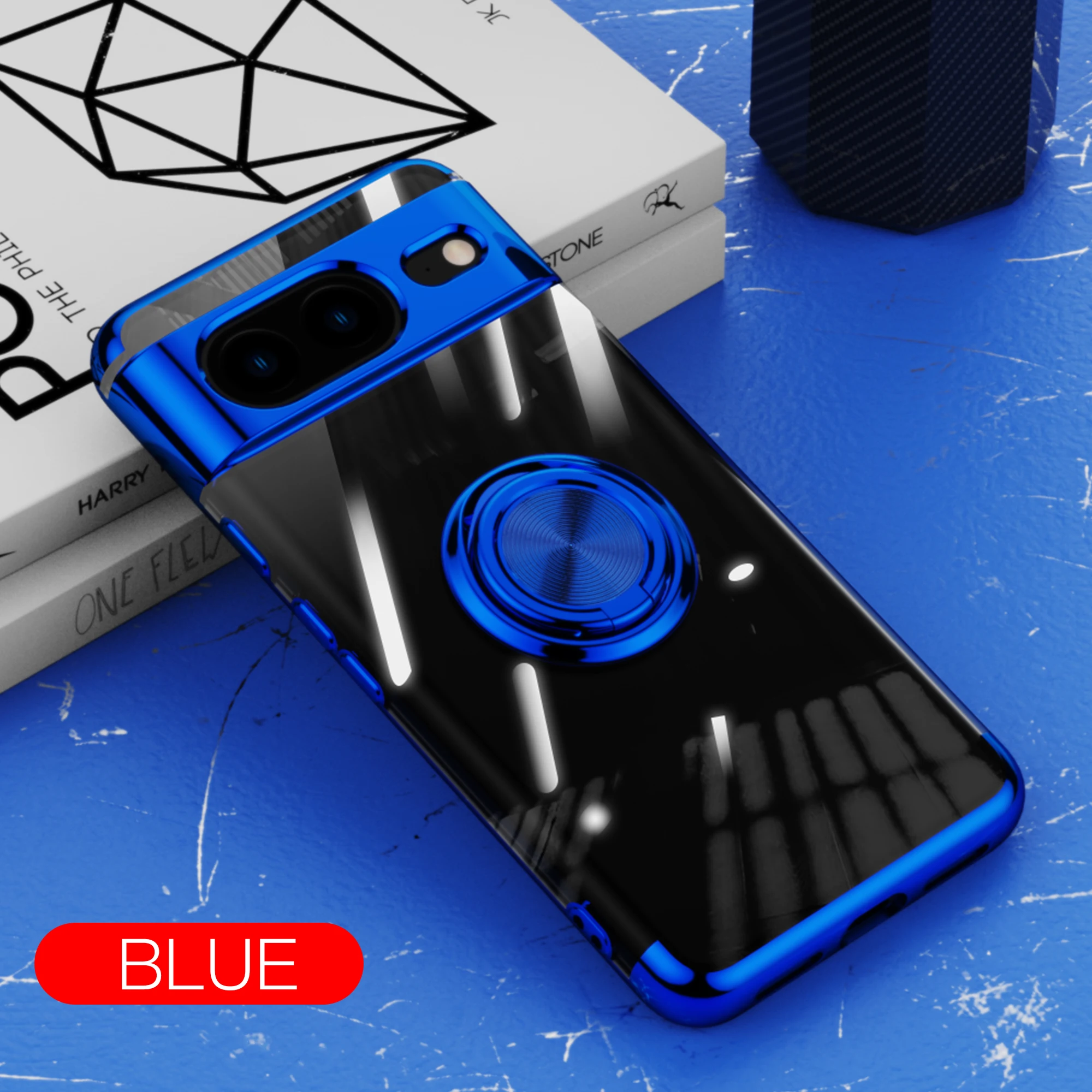 (azul, Google Pixel 8) Capa Transparente Ultrafina Com Revestimento Eletroplástico Para Celular, Com Suporte De Anel De Metal Resistente A Impactos.