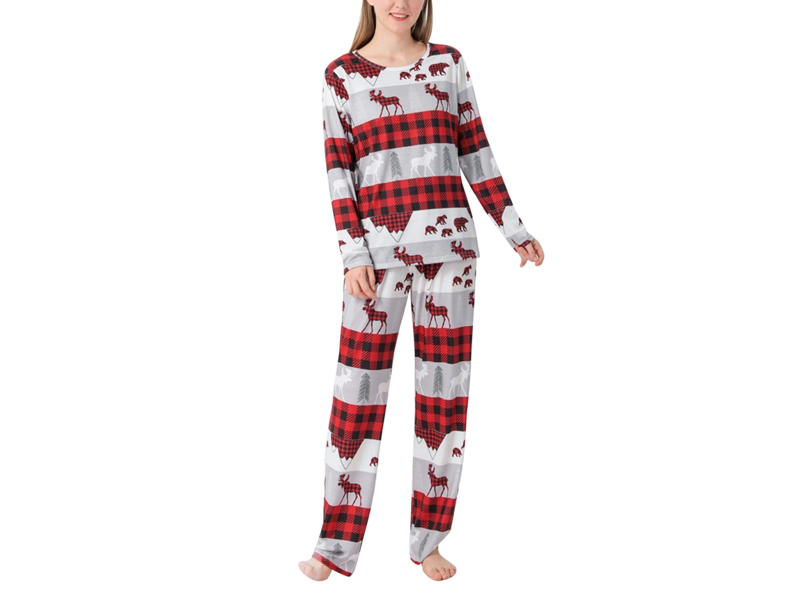 Conjunto De Pijamas Navideños Para Familia Con Estampado Y Patchwork De Manga Larga Talla M Mujer Rojo Gris