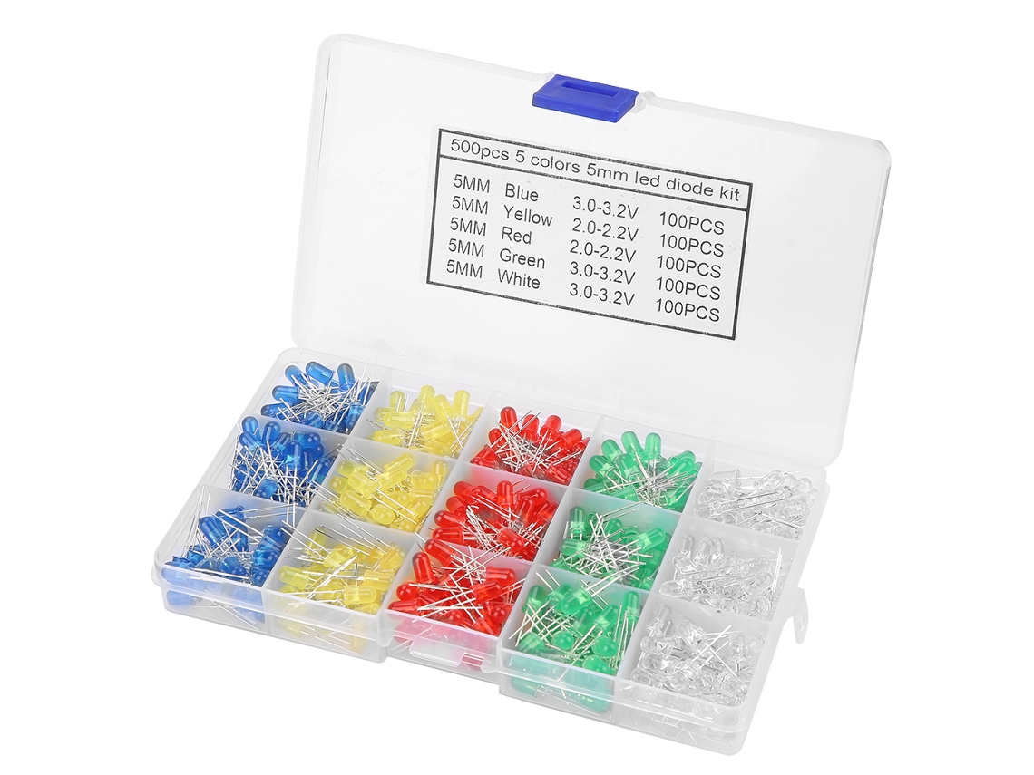 Kit de 500 diodos LED de 5 mm: vermelho, amarelo, azul, verde e branco