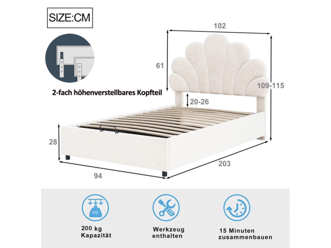 Cama Infantil 90x200 Cm Com Cabeceira Ajustável, Estampa Floral E Armazenamento Hidráulico, Tecido De Veludo Suave, Cor Bege Liptaptyn