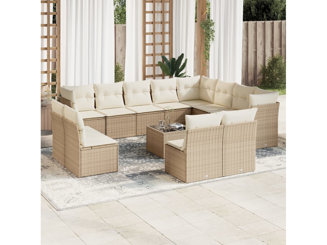 Vidaxl 13 Pcs Conjunto De Sofás P/ Jardim Com Almofadões Vime Pe Bege