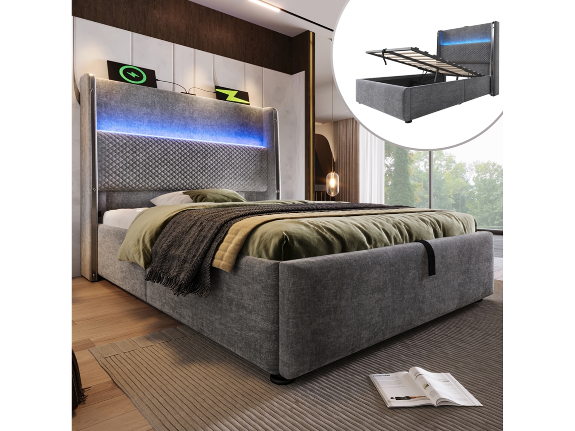 Cama Hidráulica 90x200cm Com Led Armazenamento Usb/type-c Cinza