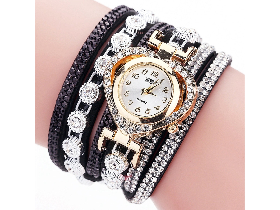 Relógio de Pulseira Feminino Quartzo com Coração e Strass Camadas Múltiplas Preto
