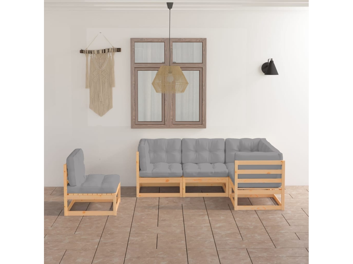 5 Pcs Conjunto Lounge De Jardim C/ Almofadões Pinho Maciço Dkd Home Decor