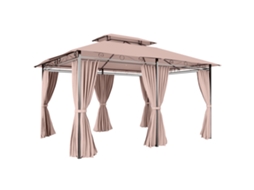 Gazebo de jardim 4x3m, com teto duplo e laterais em aço e poliéster, cor cáqui