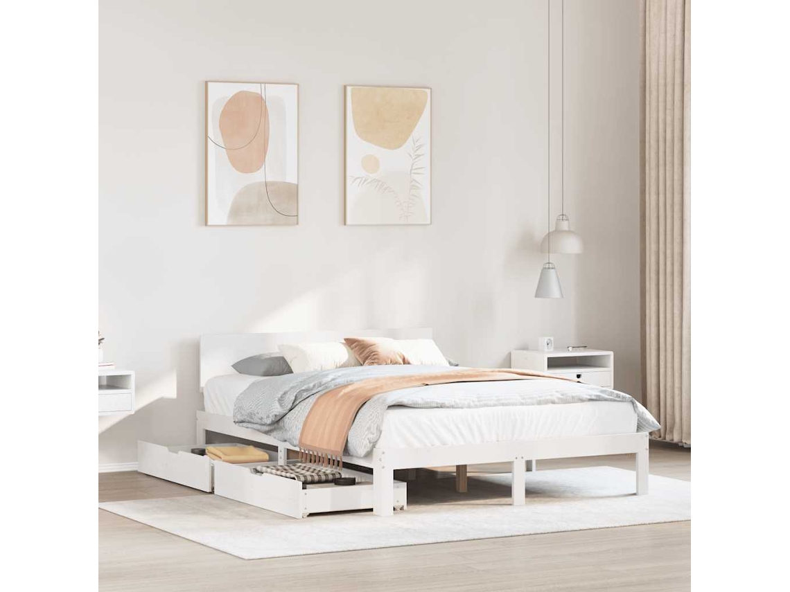 Vidaxl Estrutura De Cama C/ Gavetas 140x200 Cm Pinho Maciço Branco