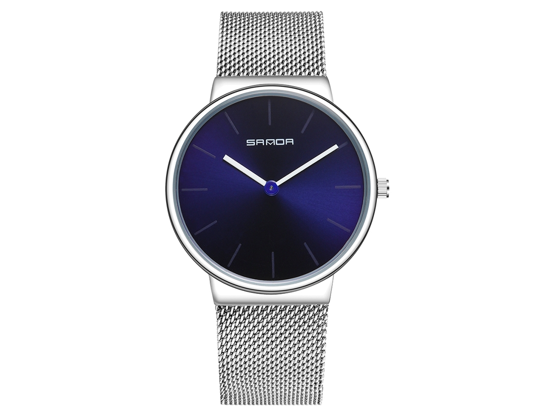 Relógio de pulso masculino Simple Sanda, em aço inoxidável, à prova d'água, com mostrador azul e prateado.