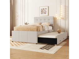 Cama Familiar Tapizada De 90x200/90x190 Cm, Color Beige, Con 3 Cajones, Cama Nido Extensible Y Cabecero Ajustable.