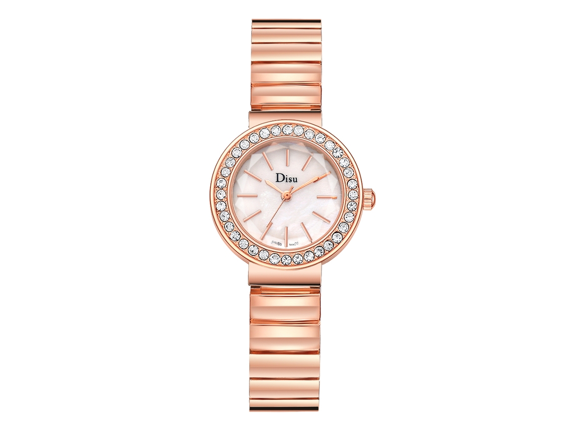 Relógio Feminino Disu de Moda com Pulseira de Liga e Strass na Esfera Ouro Rosa Branco