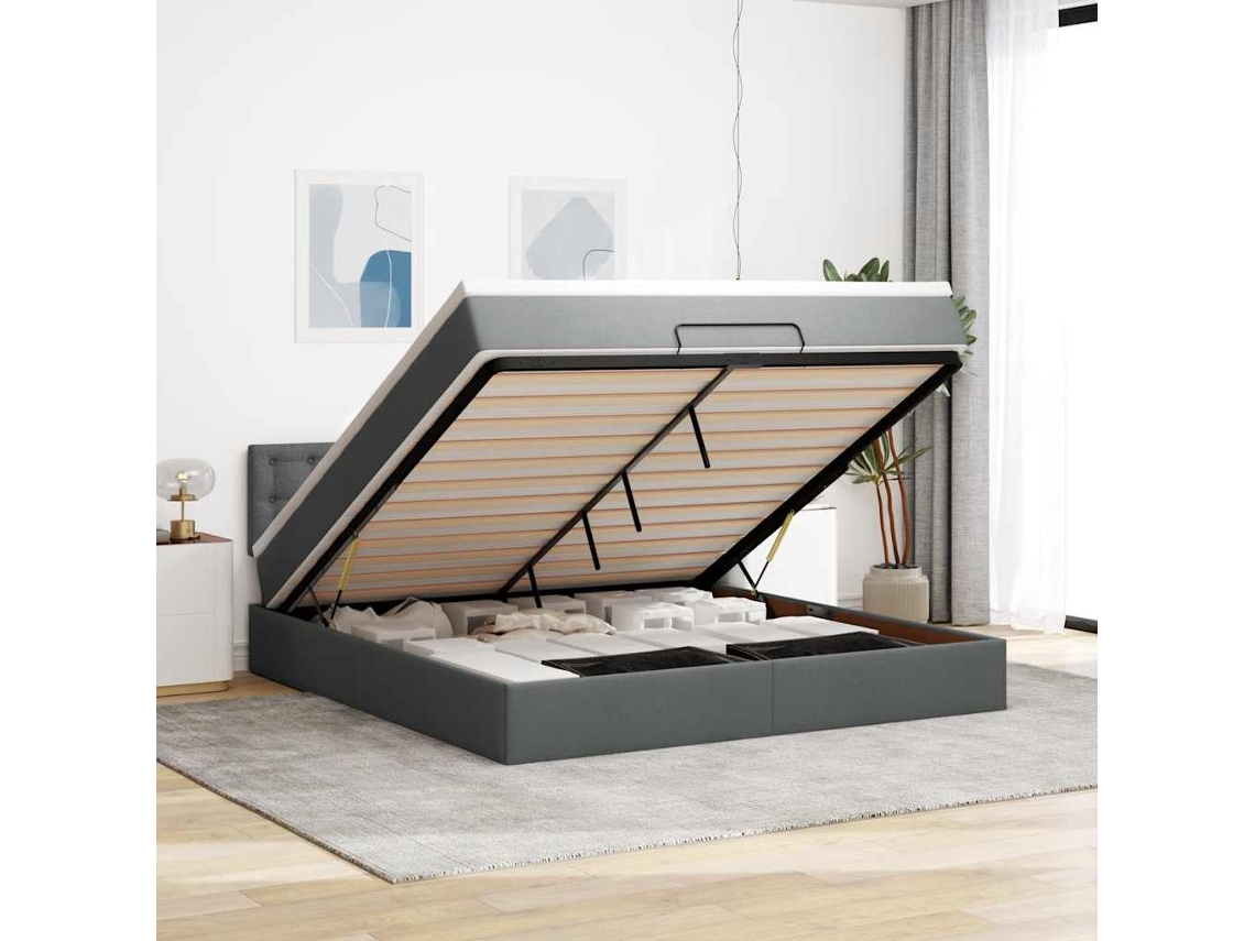 Vidaxl Cama Otomana Com Colchão Leds 180x200cm Tecido Cinza-escuro
