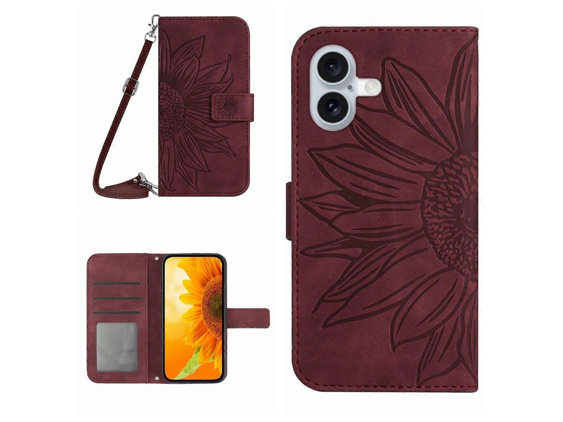 Capa De Couro Com Alça De Ombro Para Iphone 16 Plus Com Estampa De Girassol