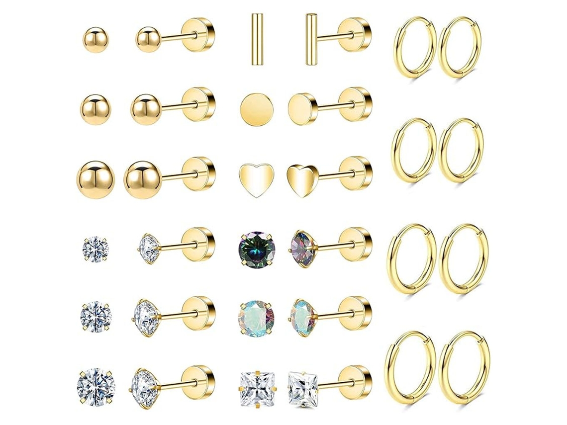 Brincos, 16 Pares De Brincos De Aço Inoxidáve, Zircônia Redonda, Unissex (dourado) Spqment