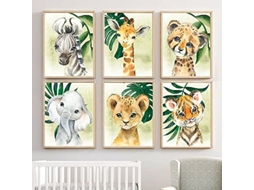 KOFIHETY Lindas Impressões De Arte Em Aquarela, Estilo Artístico Único Arte De Parede Com Tema De Safári De Animais Bebês, Com 6 Criaturas Adoráveis Em Cores