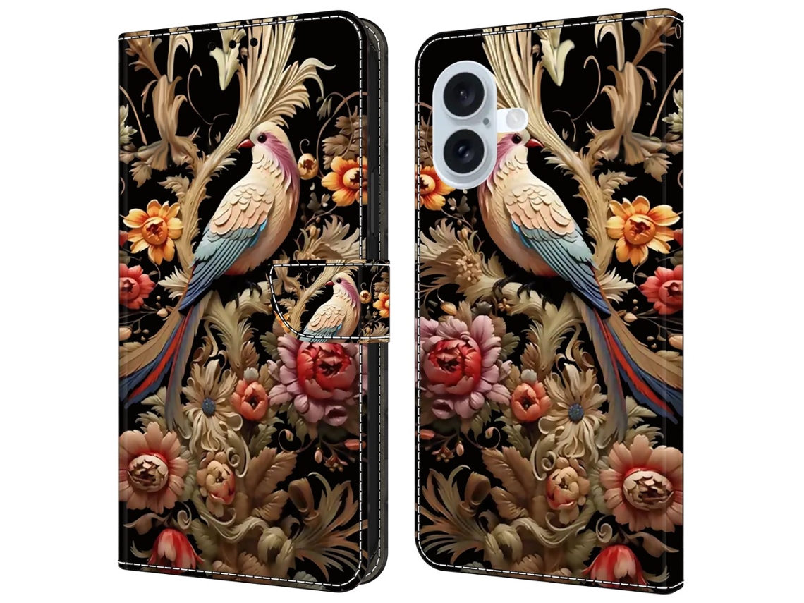 Capa Em Couro Pu Com Suporte Para Apple Iphone 16 - Flor E Pássaro Vintage