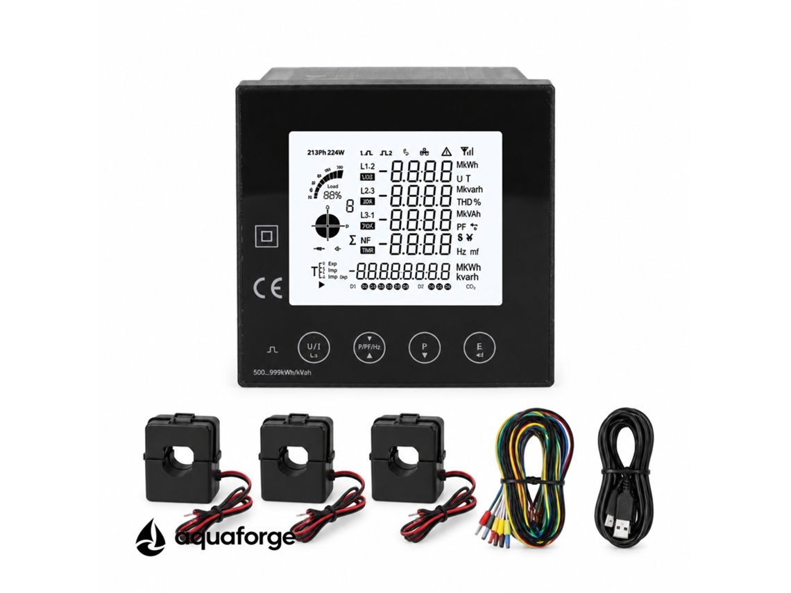 Medidor Elétrico Multifuncional Aquaforge Pac2010 Com Ecrã Lcd E Rs485 Modbus Para Quadro Elétrico